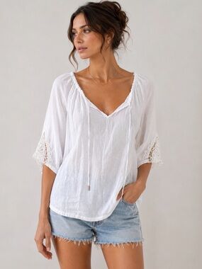 Lina Tomei Linen Top White Lace Sleeve M Italy